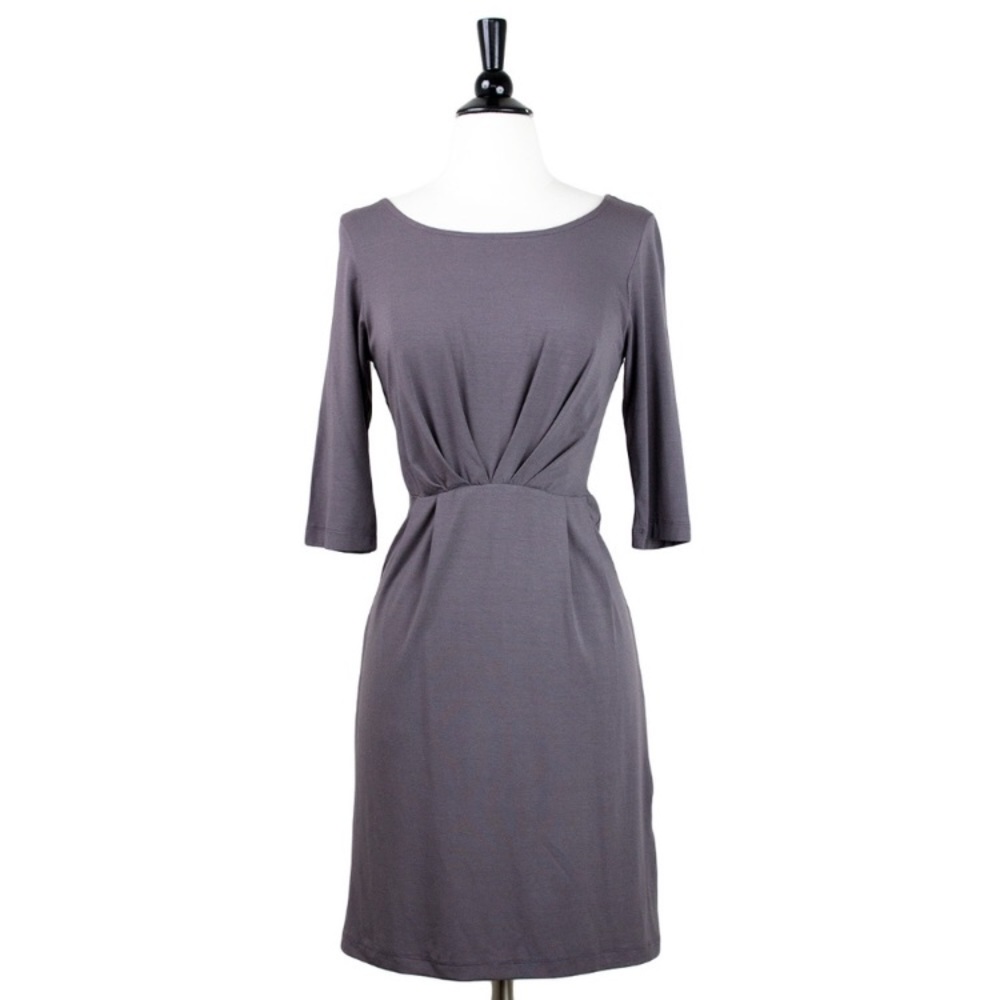 Fitted Pleat Waist 3/4 Sleeve Solid Knit Dress in Dusty Purple Office Career